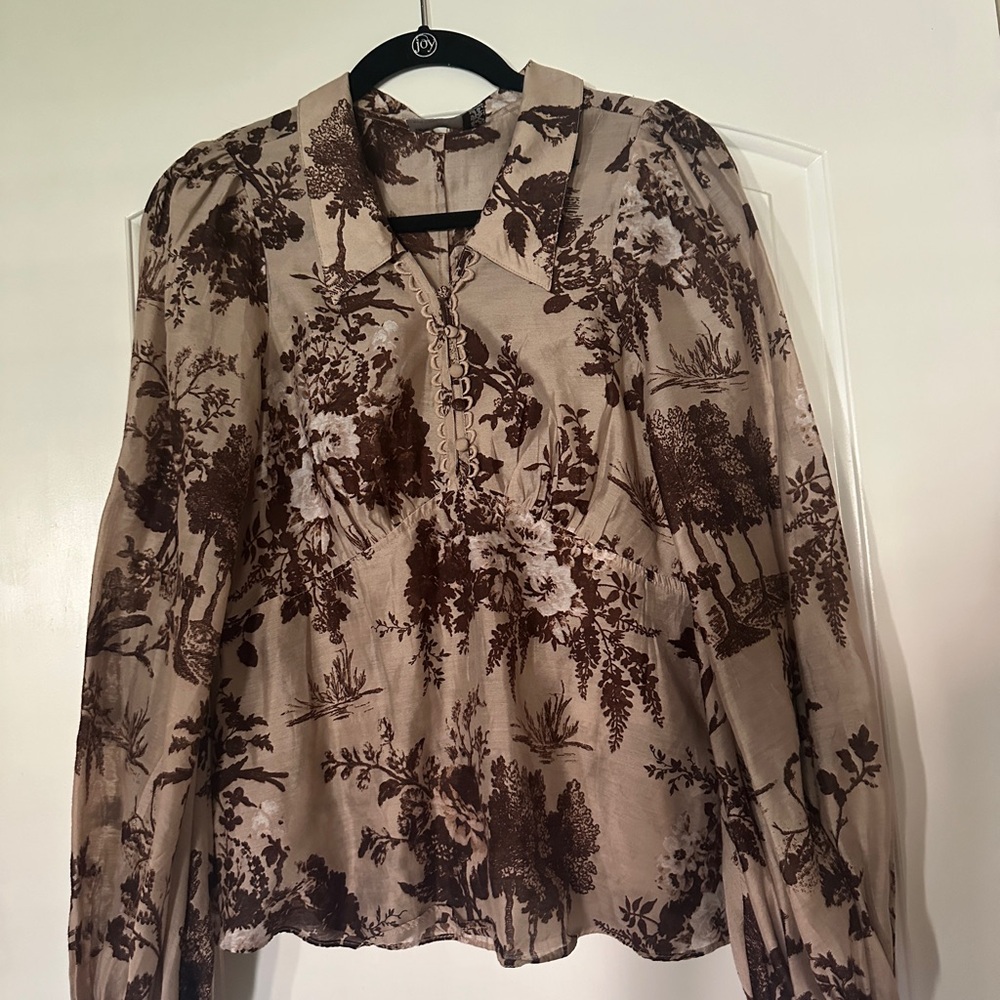 Brown and Cream Boxy Blouse with Mock Neck and Long Puff Sleeves